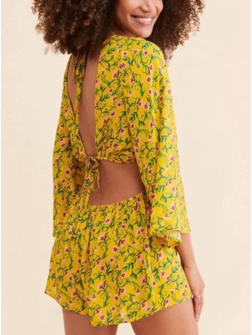 Anthropologie Magnolia Romper Yellow Floral Long Sleeve Open Back Size M EUC